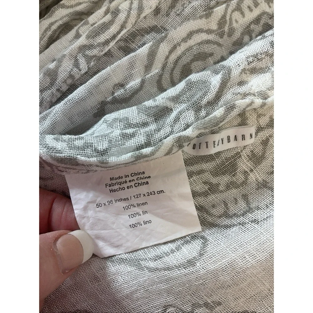 2 Pottery Barn Linen Sheer Curtain Panels White Grey Damask paisley 50